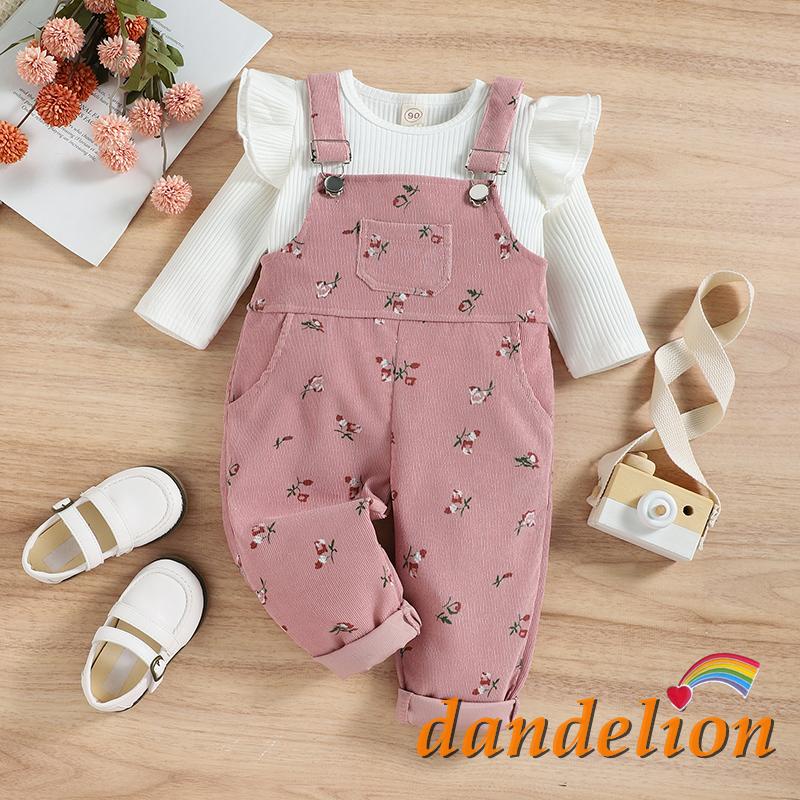 Dandelion-6 Meses-4 Anos Baby Girls 2 Peças Traje , Blusa De Manga Longa De Gola Redonda + Conjunto De Calças Suspensório Com Estampa Floral
