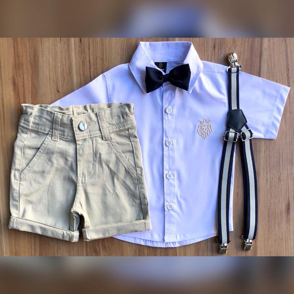 Roupa Menino Infantil Camisa Manga Curta Branco Bermuda Color Bege Suspensório e Gravata