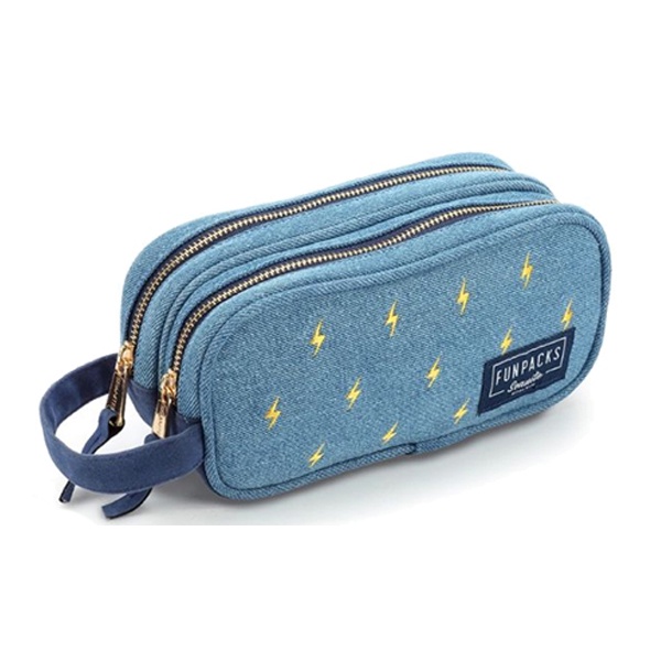 Estojo Duplo Jeans Organizador Juvenil Feminino Porta Lapis Azul Claro