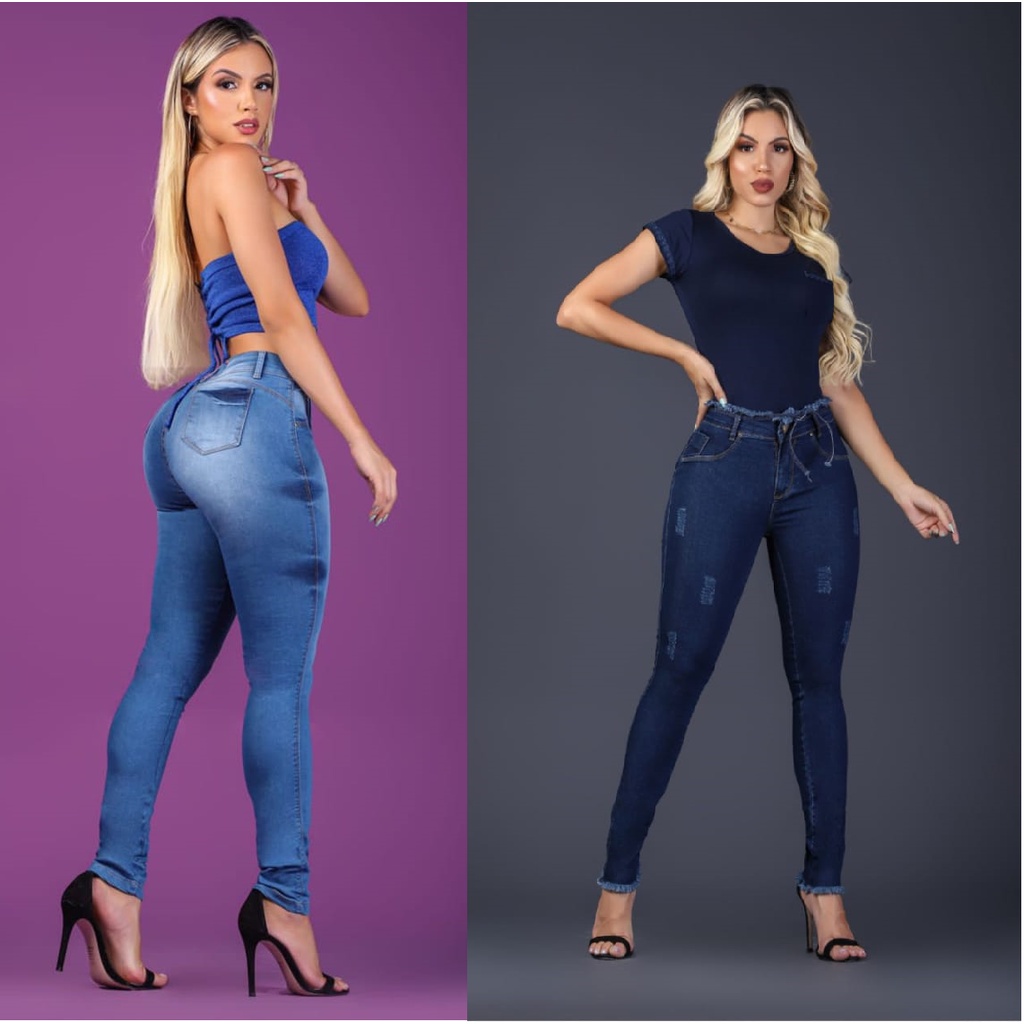 Calça preta feminina jeans modelo skinny com lycra cintura alta