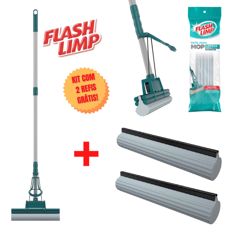 Esfregao Mop Limpeza Geral Plus Flash Limp + 2 Refis Gratis