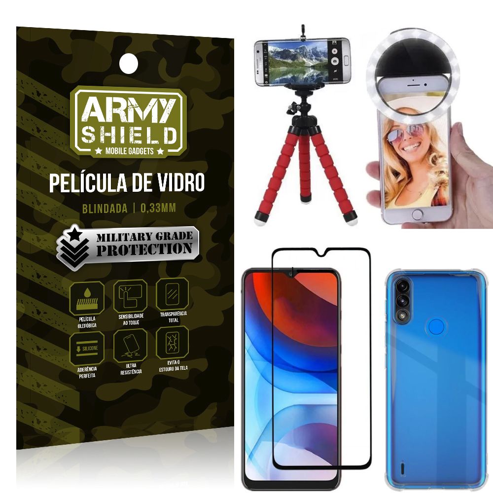 Kit Moto E7 Power Tripé Flex + Flash Ring + Capa Anti Impacto + Película 3D - Armyshield