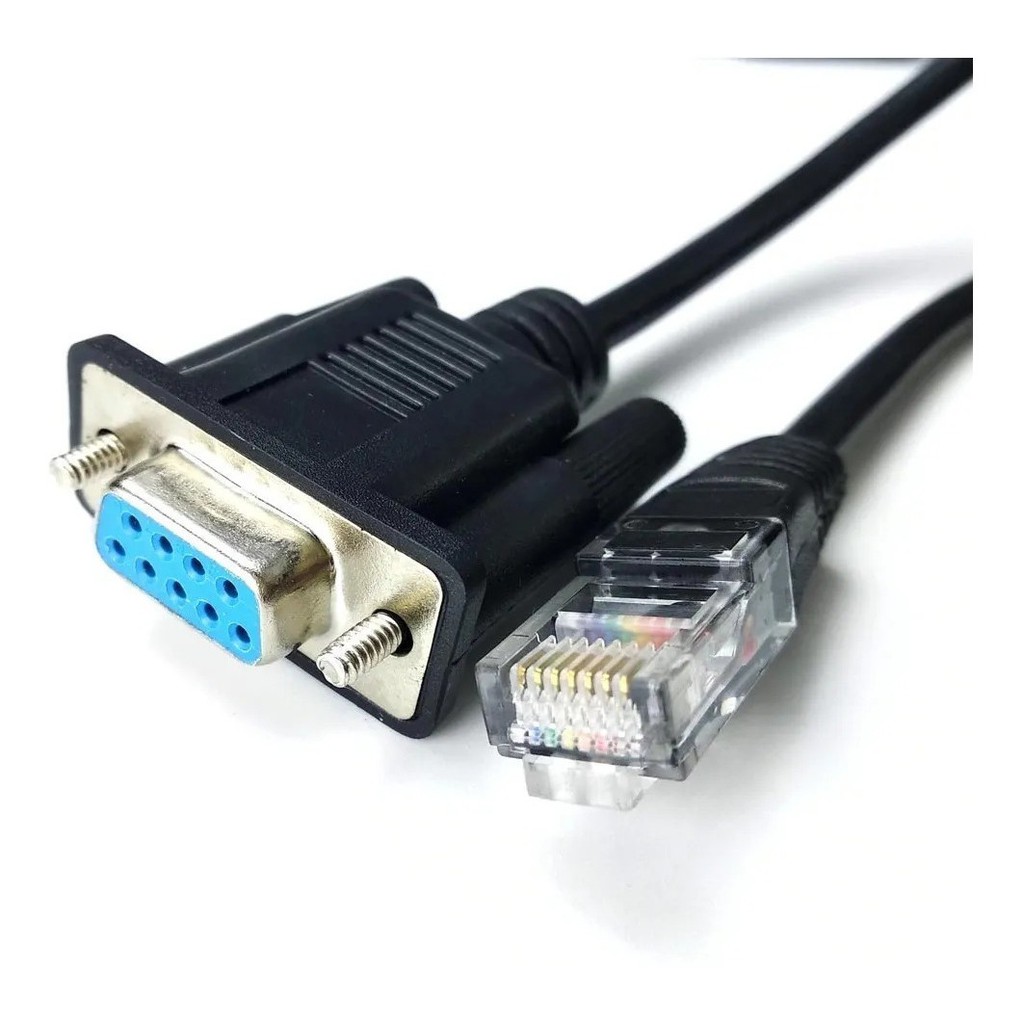 Cabo Console Adaptador Serial DB9 Fema x RJ45 Macho. Tamanho: 1,5 Metros. DB09 Vias. Cabo Plano. Cabo para console. Conectores: 1 X Serial (DB9 Fêmea) + 1 X Ethernet (RJ45 Macho).