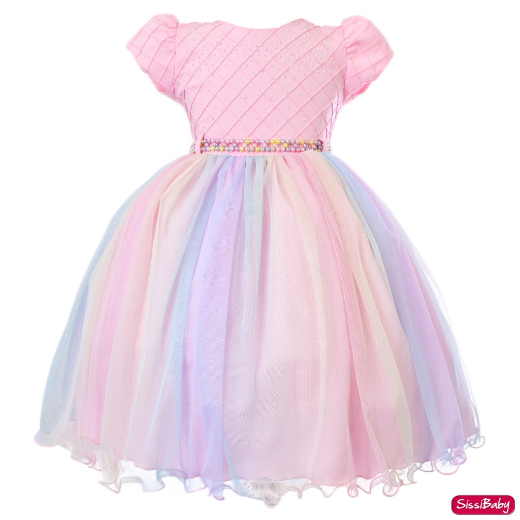 Vestido Infantil Unicórnio Rosa Arco Íris Princesa Realeza Festa Super Luxo
