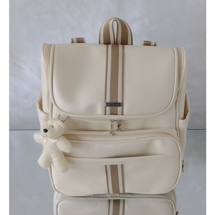 mochila maternidade 2 em 1 térmica de luxo pérola com faixa bege listrada