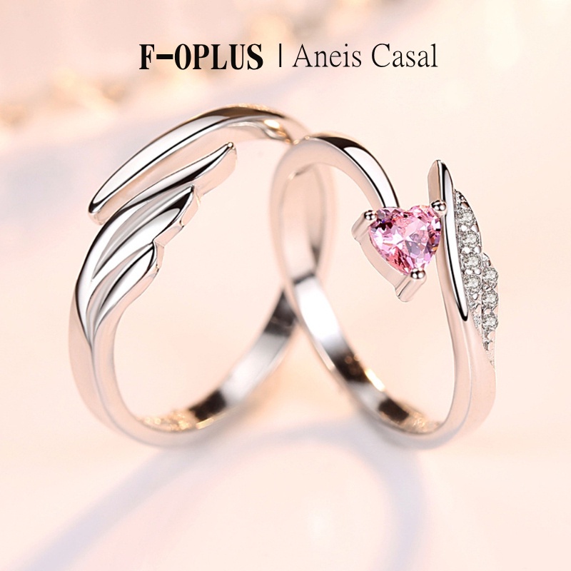 F-OPLUS | Anel Aliança de Anjos com Zircônia Rosa Ajustável Par de Aliança de Namoro Compromisso para Masculino e Feminino CRC117