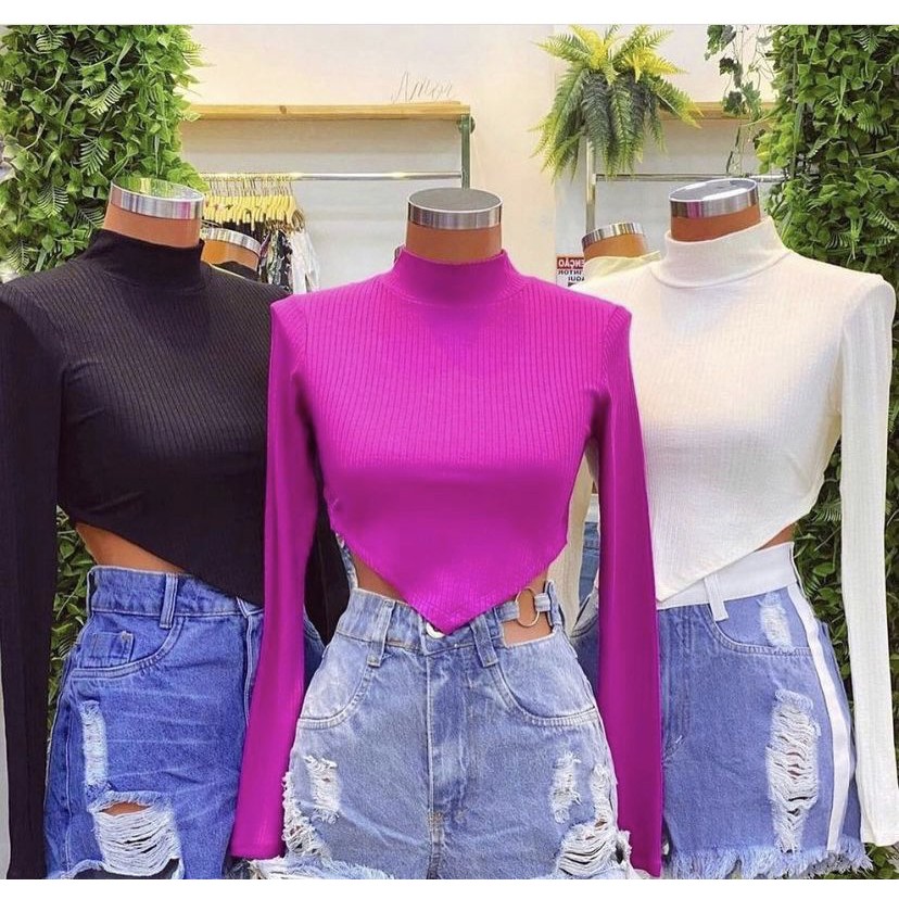 Cropped Feminino Manga Longa – Canelado, Gola Ponta/Bico V, Tamanho Único 36-42, Inverno