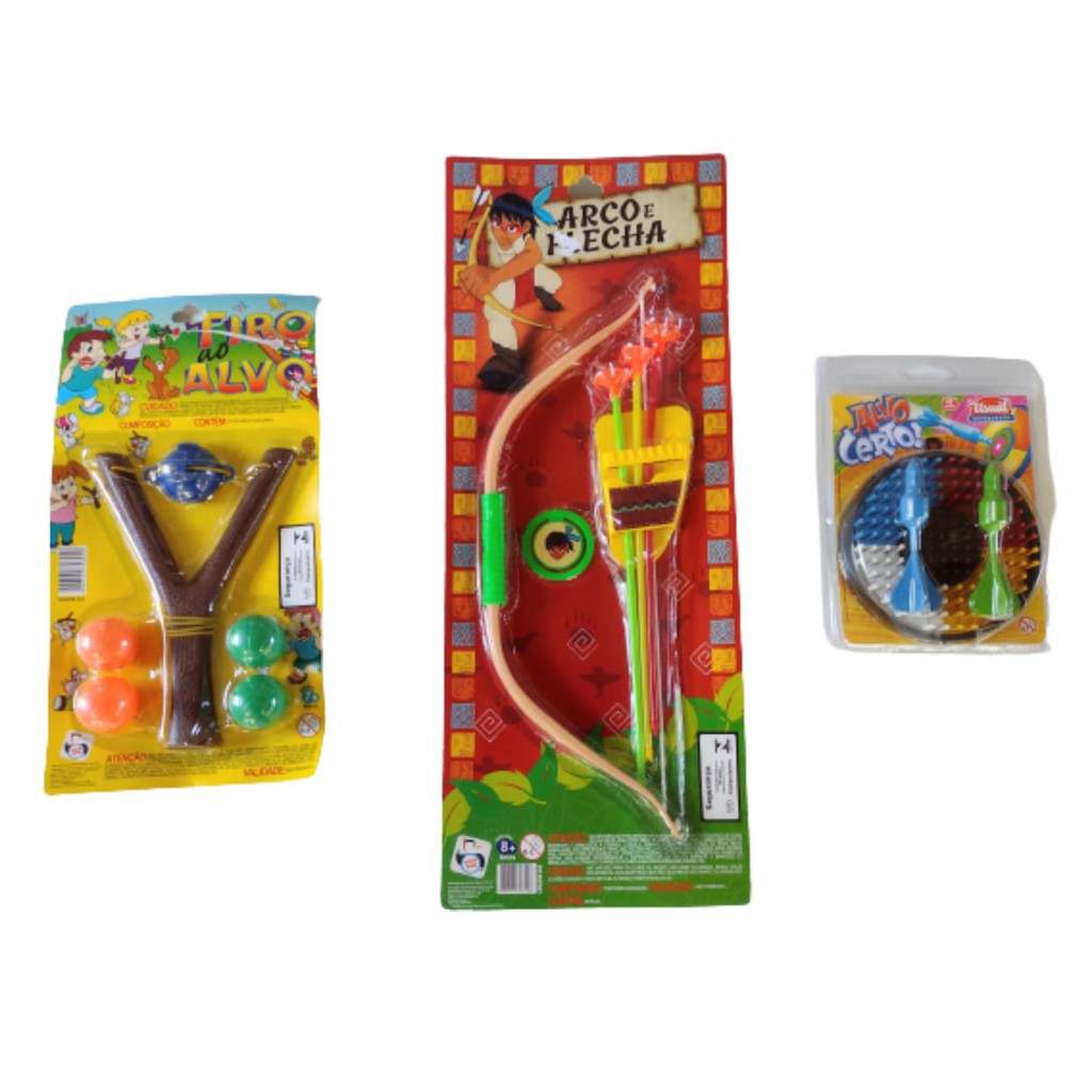Brinquedos Tiro Certo Kit com Arco e Flecha + Estilingue + Jogo Dardos