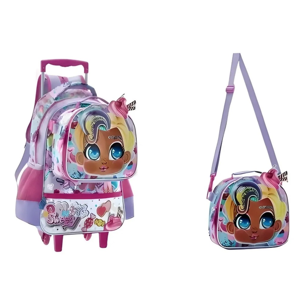 Mochila Escolar Rodinha Carrinho Para Menina Donut Baby Morena Com Lancheira Térmica