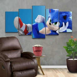 Kit Quadros Decorativos Mosaico 5 peças MDF Sonic Desenho Animado Infantil Sala Quarto