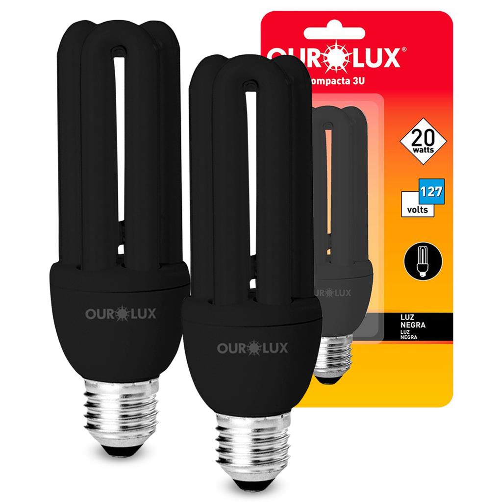 Kit 2 Lampadas Luz Negra Compacta 3U 20W 127V Ourolux