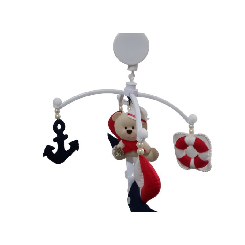 Mobile de berço musical e giratorio urso marinheiro barco âncora boia