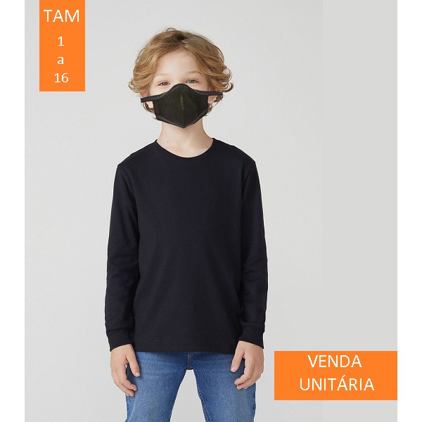 Camiseta Básica infantil Menino e Menina Unisex Preta Branca Cinza Manga Longa 100% algodão Juvenil - Tamanhos : 1, 2, 3, 4, 6, 8, 10, 12, 14, 16