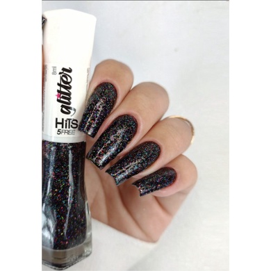 Esmalte de Unha “Hits - Glitter” - Cor Preto C/ Glitter Colorido “Londres” - 8ml 5free hipoalergênico