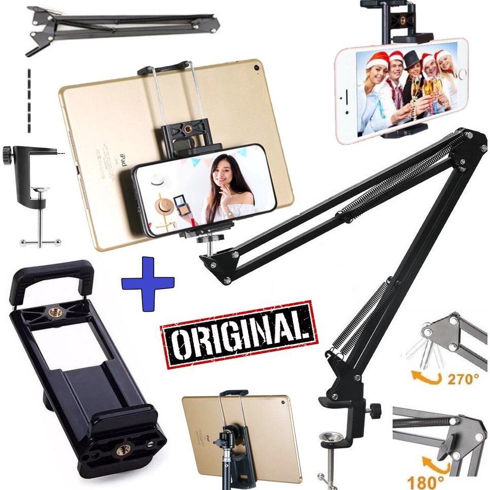 Suporte Para Cama e Mesa Braço Articulado Pedestal Compatível iPad Tablet Celular Universal Garra Portátil Ajustável 360