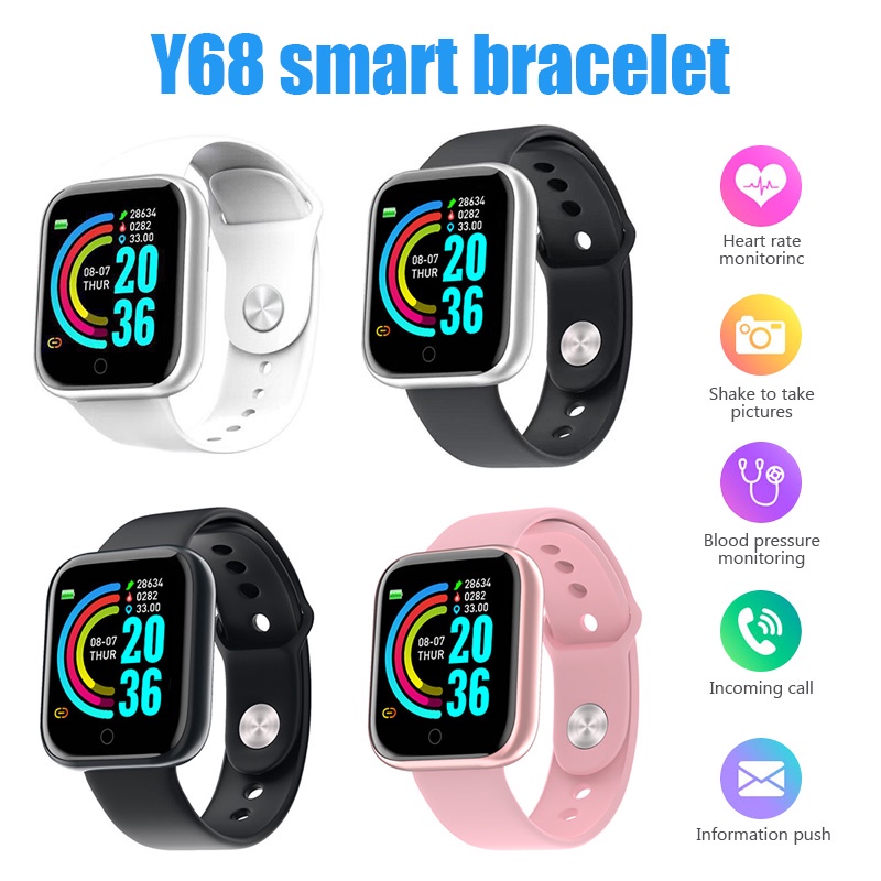 Smartwatch Original Y68 Para Apple iPhone IOS Xiaomi Android Sistema Impermeável Frequência Cardíaca Esportiva Pressão Arterial Inteligente iWatch Passos De Corrida Rastreador De Fitness D20 Relógios Masculinos Femininos