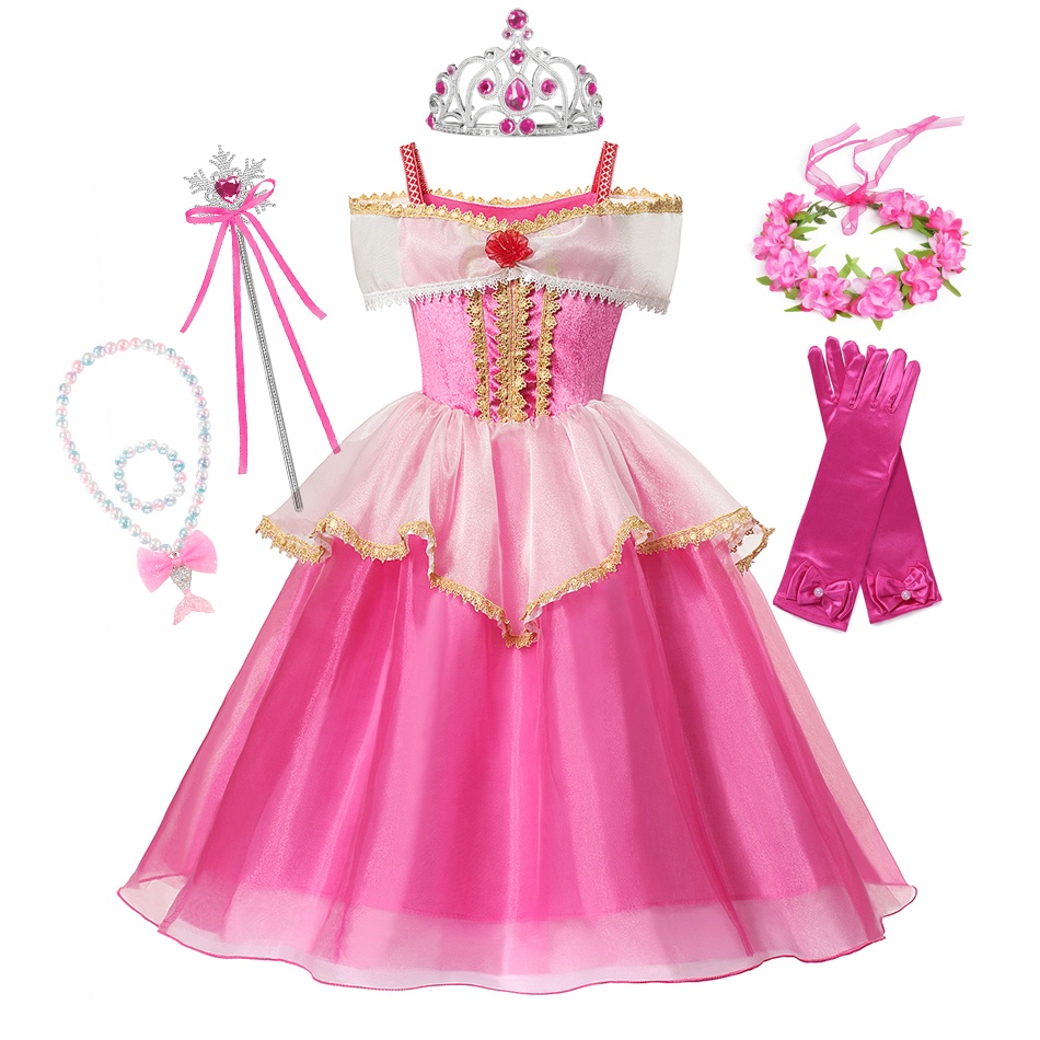 Fantasia Menina Flor Do Laço Aurora Crianças Vestido Plissado Cinta Borla Bela Adormecida De Baile Festa De Aniversário Da Criança Vestidos De Princesa JYF