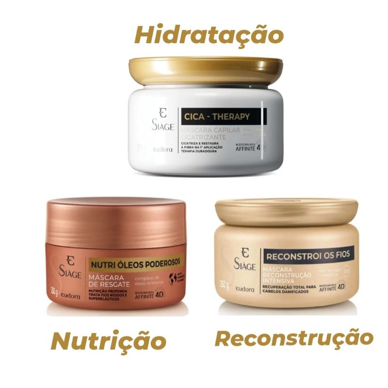 kit siage cronograma capilar 3 máscaras: cica therapy, nutri óleos, reconstrói os fios