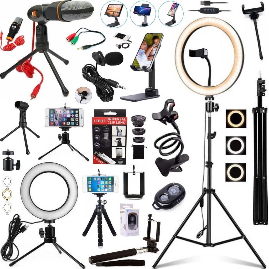 Kit Luz Ring Light + Tripé Microfone Acessórios Vídeos Celular Youtuber Tiktok