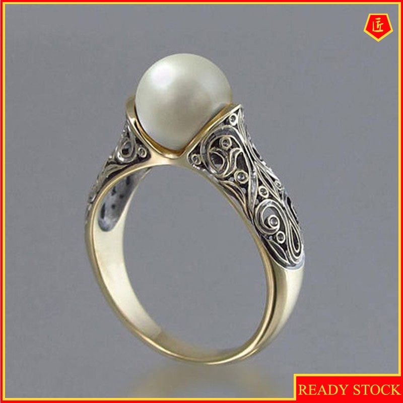 Anel De Pérola Natural Incrustado De Ouro 14k Retrô / Acessórios De Prata