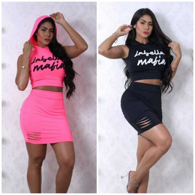 Conjunto Labellamafia Cropped e Saía Blusinha com Touca Saía Forrada Tendência Conjunto Feminino