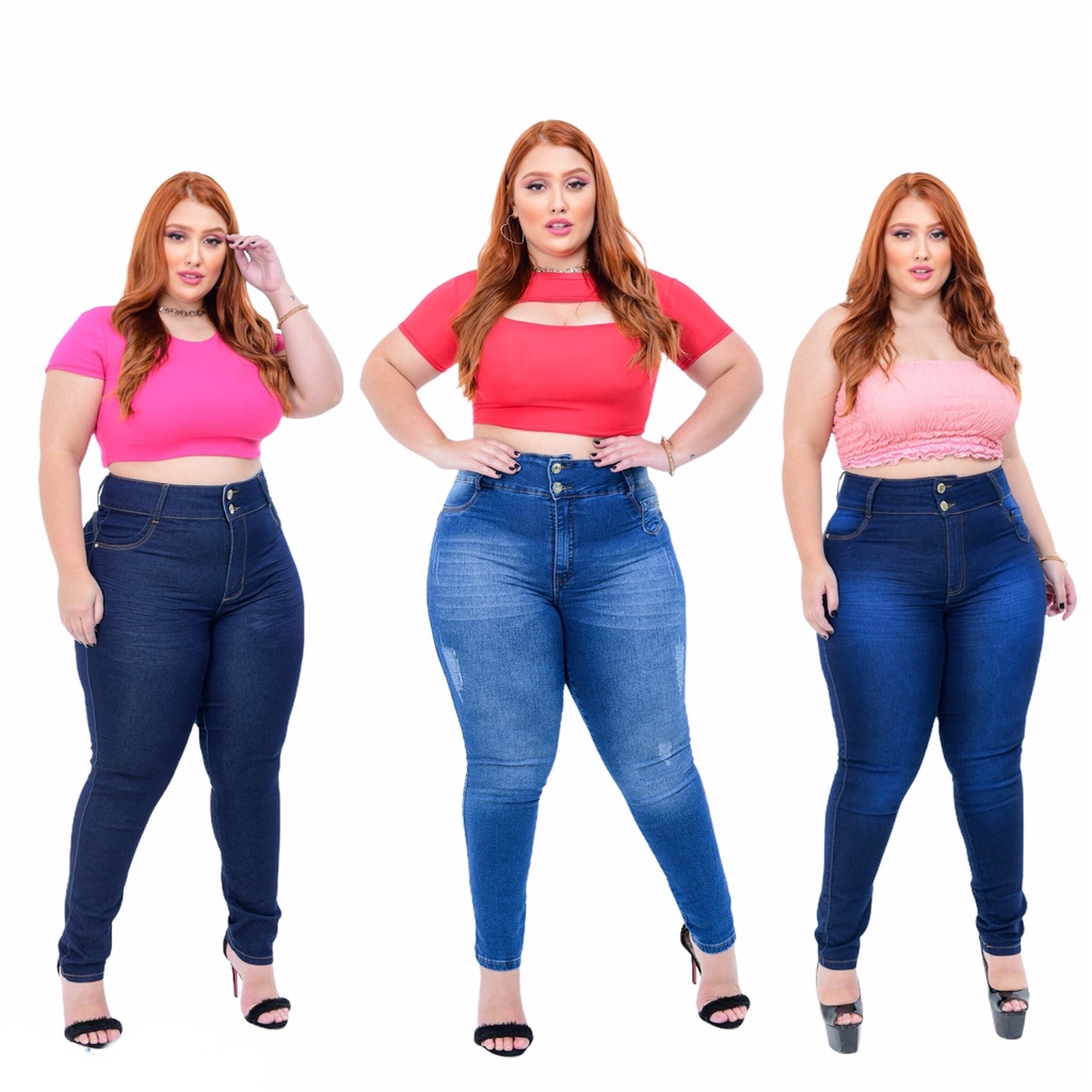 kit de 3 calças jeans plus size femininas com lycra modelo empina bum bum
