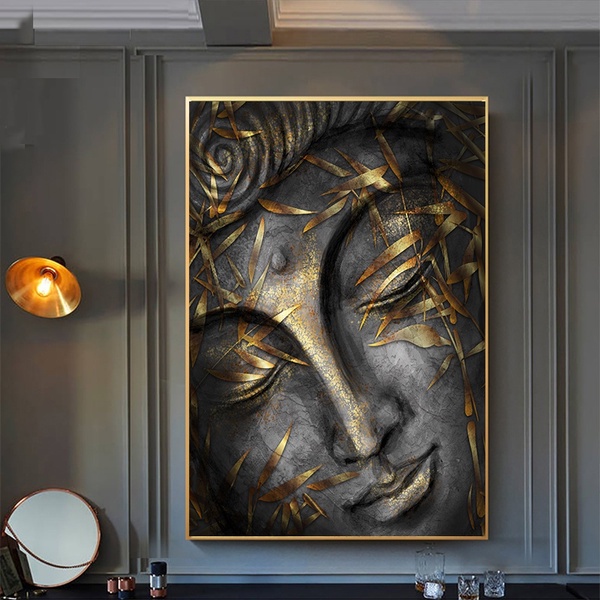 Imagem Quadro decorativo 1 peça 60x40 Estátua da cabeça do Senhor Buda com folhas douradas para sala quarto hall