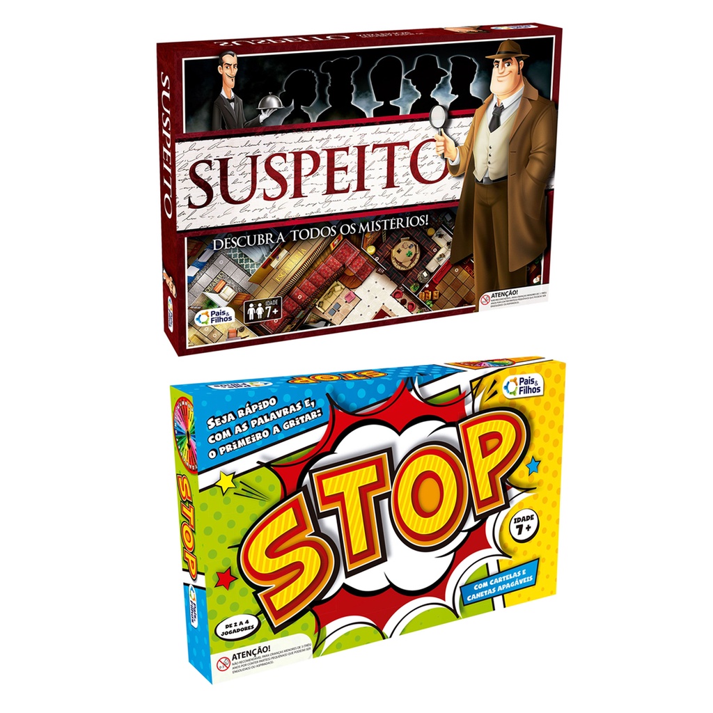 Jogo de Tabuleiro Detetive Suspeito + Stop com Canetas Apagaveis - Pais e Filhos