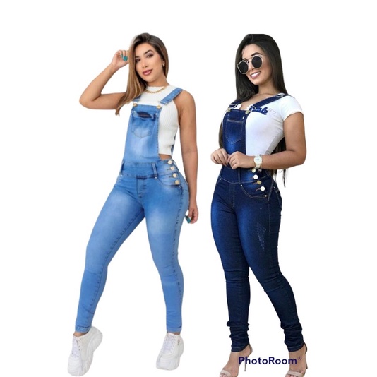 Macacao Jeans Feminino  Cintura Alta Com Elastano Liso