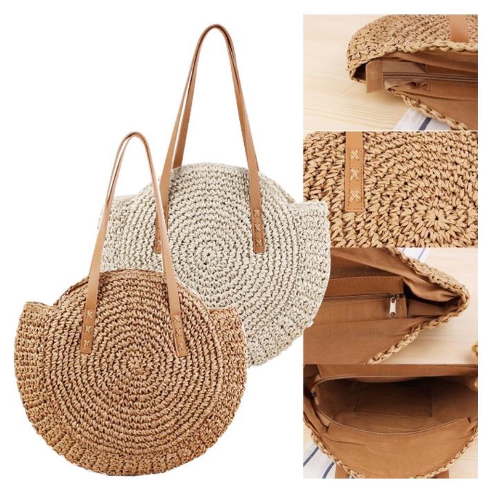 Bolsa De Palha Redonda Saco Palha Sintética Alça Couro Moda Praia