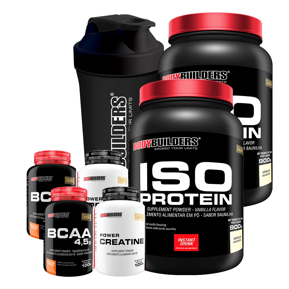 Kit 2x Iso Protein 900g + 2x BCAA 100g + 2x Power Creatina 100 + Coqueteleira - Bodybuilders - Health