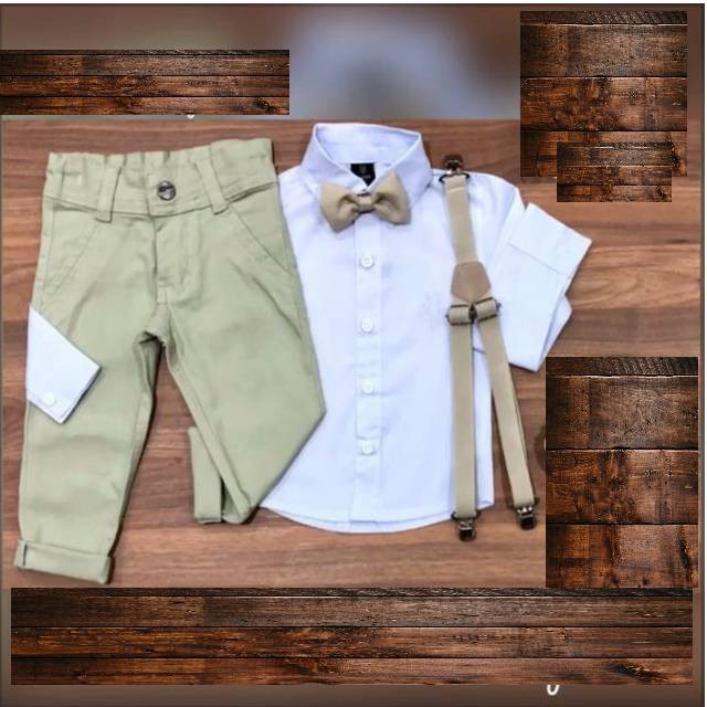 Roupa Menino Infantil Tema Batizado Camisa Manga Longa Branco Calça Color Bege Suspensório e Gravata Bege