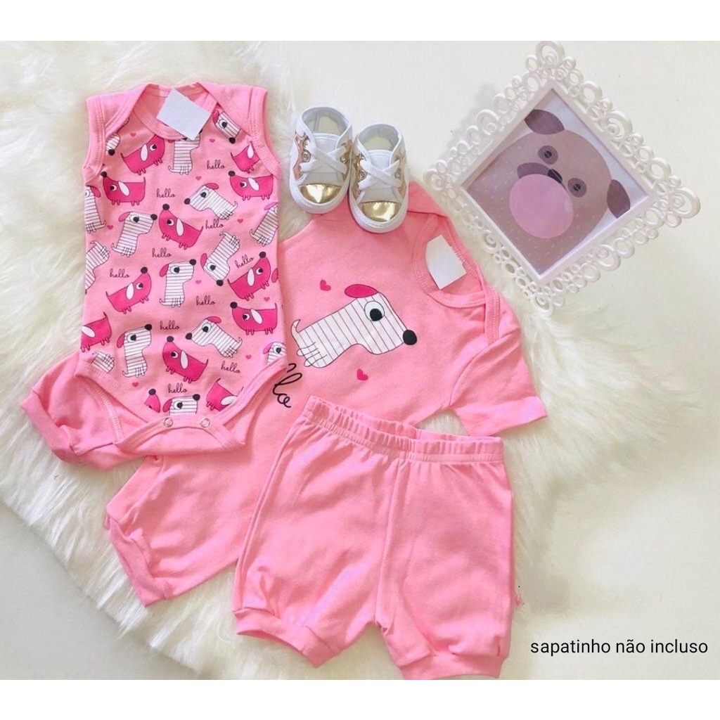 Conjunto Bebê 3 Peças Macacão Body E Short - Roupa Infantil