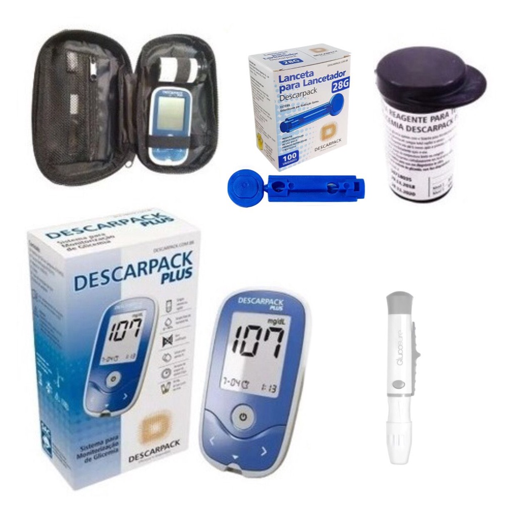 Kit Monitor Glicemia Medidor Glicose 100 Tiras 100 Lancetas descarpack