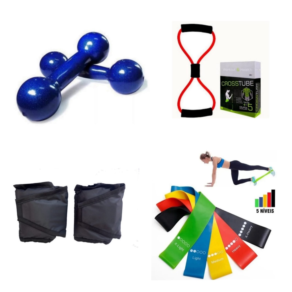 Kit Fisioterapia Par De Halteres 0,50 Kg + Par De Tornozeleiras 0,50 Kg Cada + Kit 5 Theraband + Elástico Multifuncional