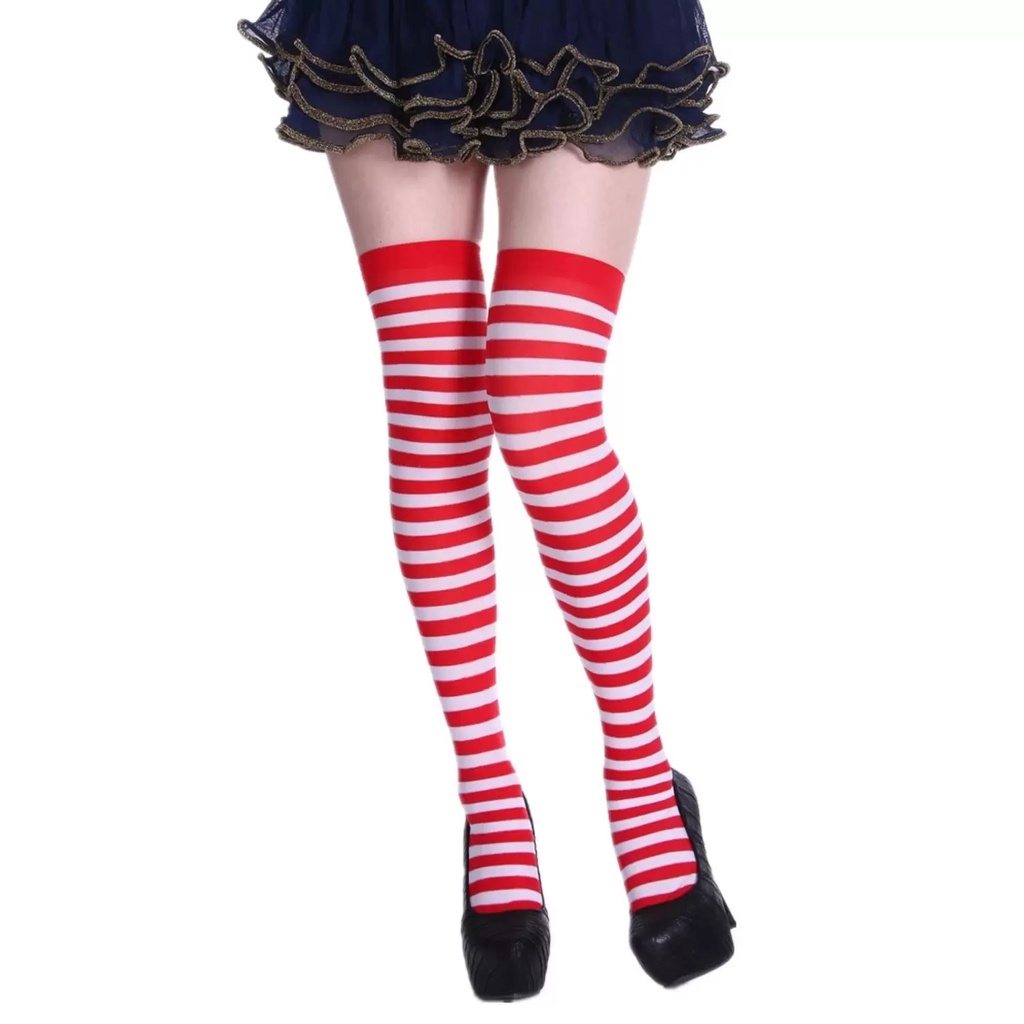 Meia 7/8 Fina Listrada Branco com Vermelho para Festa Fantasia Moranguinho Carnaval Cosplay Anime em Oferta na Shopee