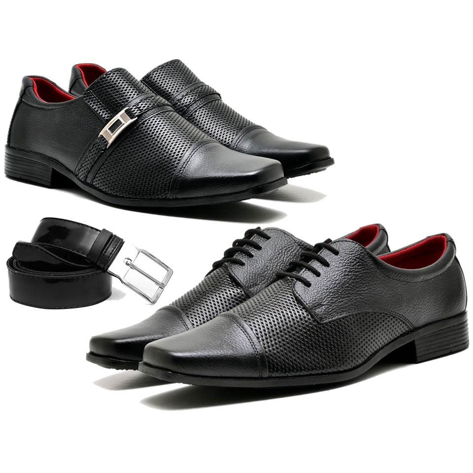kit sapato social em couro legitimo bovino 2 pares cadarço e fivela cinto de brinde