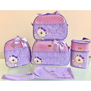 Kit Bolsa Maternidade 5 Peças Completo Courino Ursa Laço Luxo Lilás