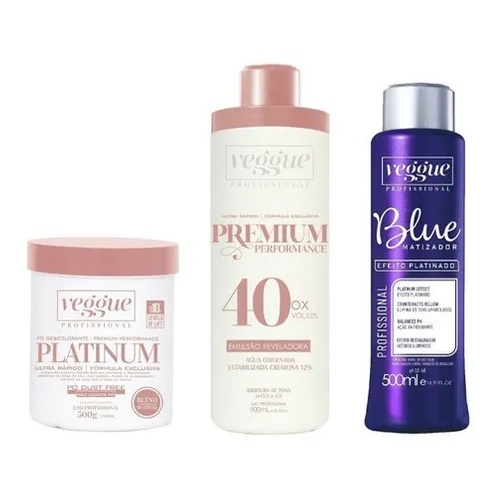 Kit Pó Descolorante Azul + ox 40 + máscara Blue Efeito Platinado Veggue