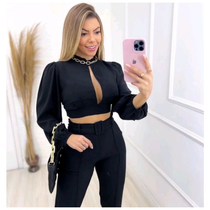 Cropped preto decotado feminino balada festa blogueira | Shopee Brasil