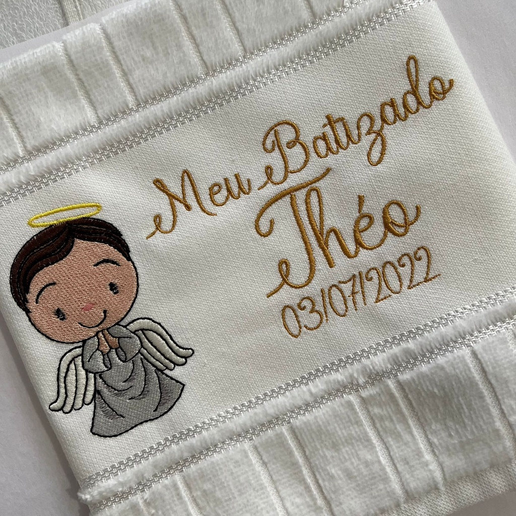 Toalha Toalhinha Infantil Branca Bordada Com Anjinho Para Batizado Personalizada Com Nome