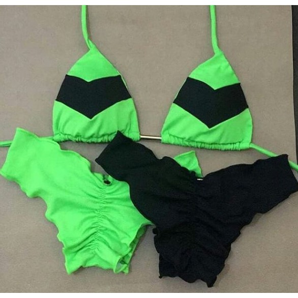 Trikini - 3 Peças De Biquini - Sutiã Cortininha Com Bojo Removivel Com Duas Calcinhas Ripple Empina Bumbum - Verde Neon Com Preto