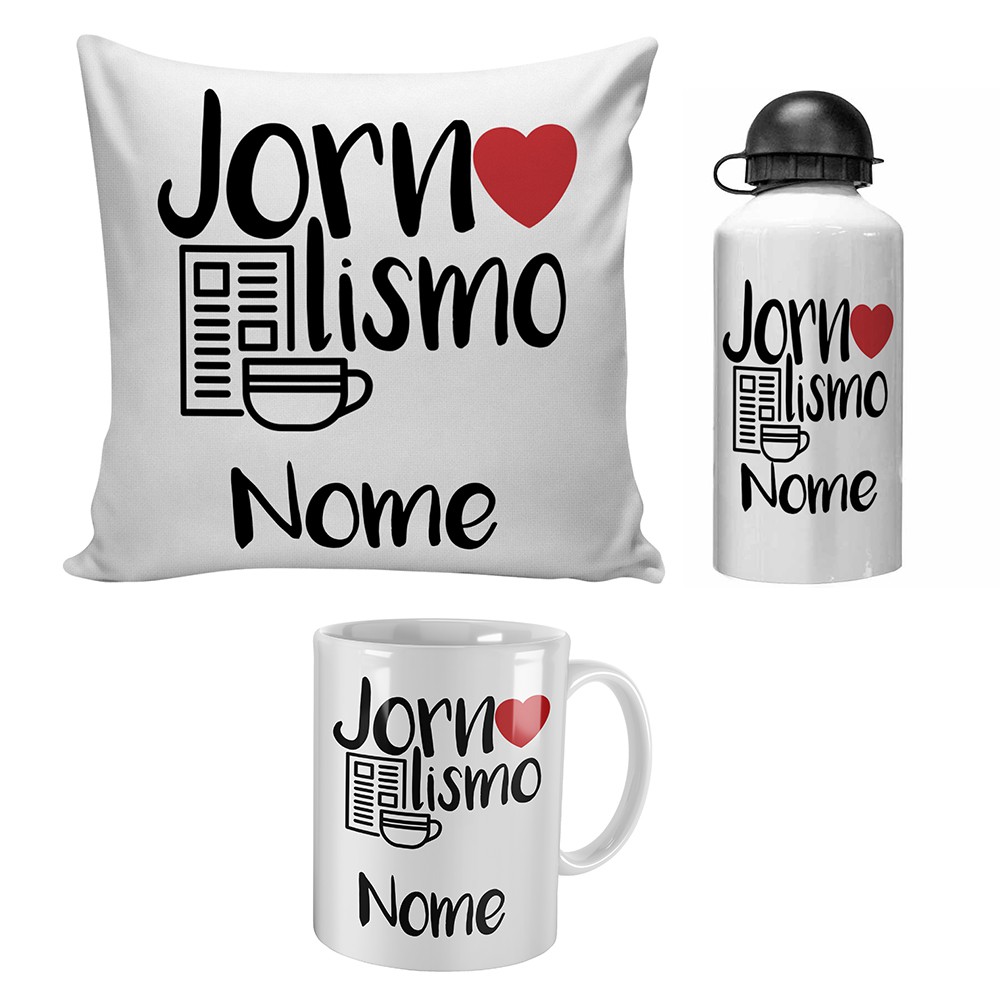 kit personalizado caneca almofada e garrafinha jornalismo presente