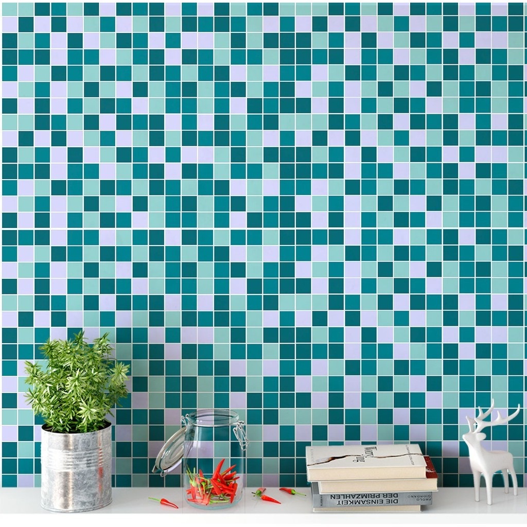 Papel De Parede Pastilhas Em Tons De Verde Água E Branco 3,50 mts em Oferta na Shopee