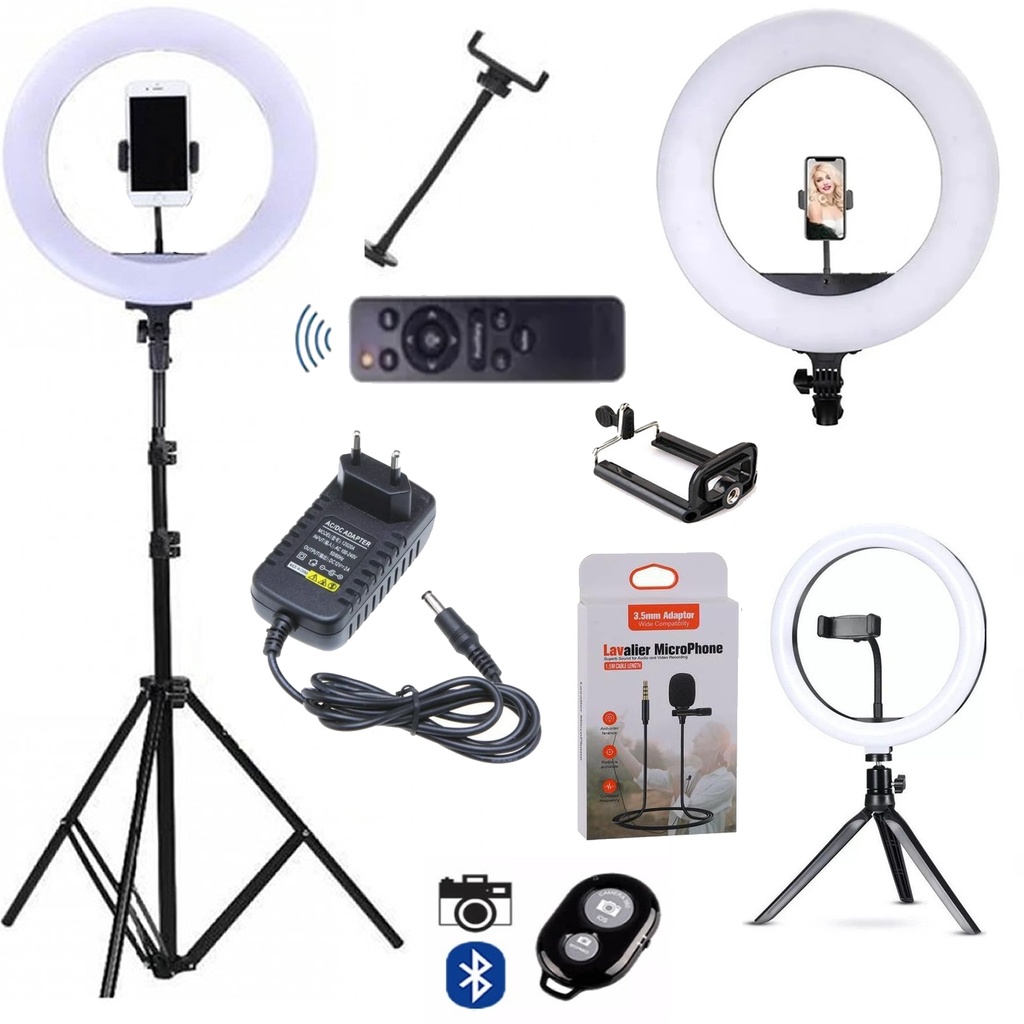 Kit Profissional Ring Light de 14 polegadas, acompanha: Microfone lapela Original + Controle disparador de Selfie e Tripé de mesa