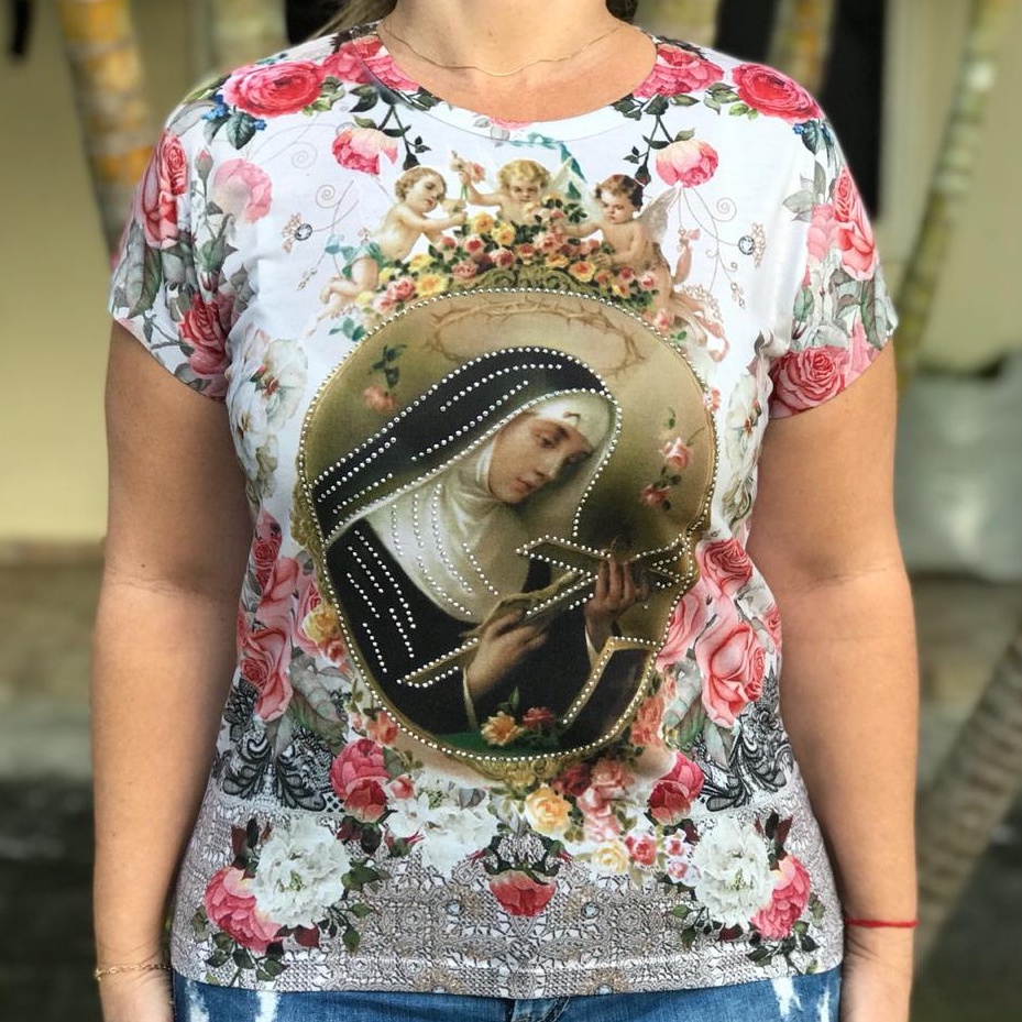 Blusa Feminina Baby Look Imagem da Santa Rita de Cássia Flores Com Strass Religiosa Católica