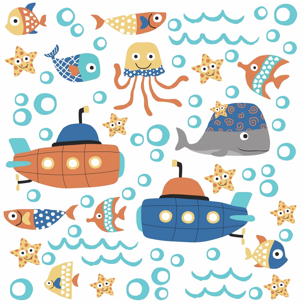 Adesivo de Parede Infantil Fundo Do Mar Marinheiro Peixes C99