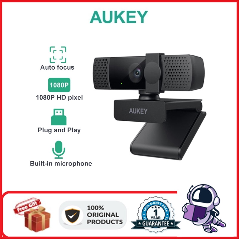 Aukey PC-LM7 1080P HD Webcam microfones duplos com cancelamento de ruído com escudo de privacidade para reuniões online