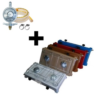 Fogão Duas Bocas kit Completo portátil a gás + Registro + Mangueira e Abraçadeiras camping