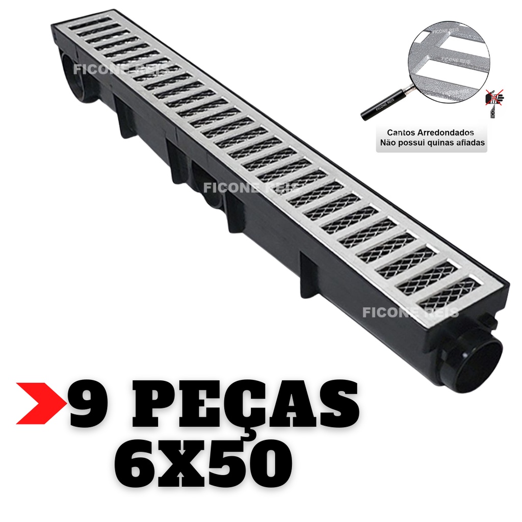 Kit 4,5 metros Ralo Linear Alumínio 6x50 com Tela Anti Escorpião - Ralo Sifonavel Varanda Quintal Ficone Decor